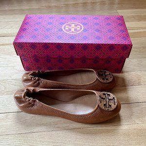 Tory Burch Reva Tumbled Leather Ballerina Flat, Tan